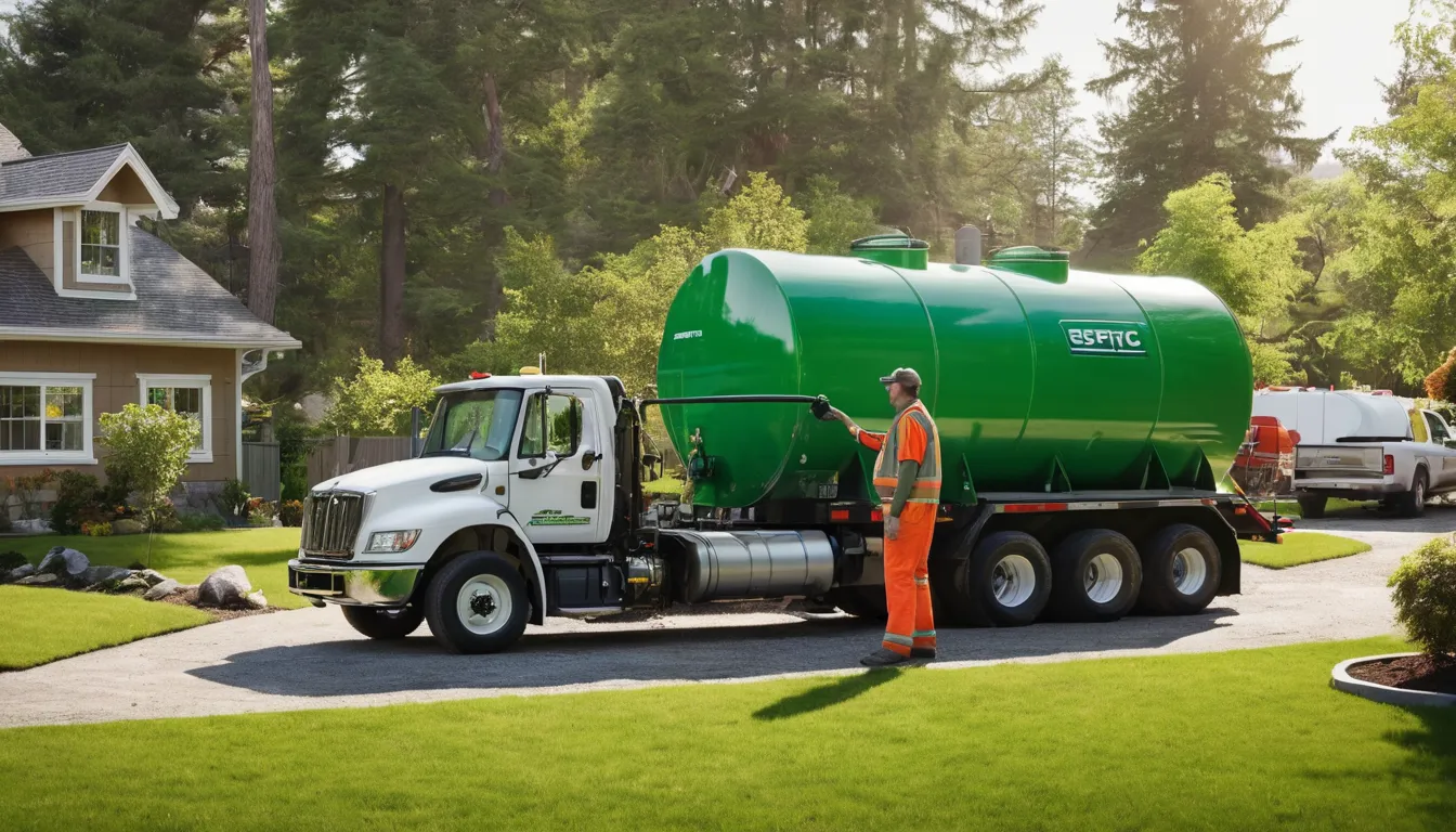A friendly provider talking with a homeowner beside a septic tank lid in a backyard in Rochester Hills